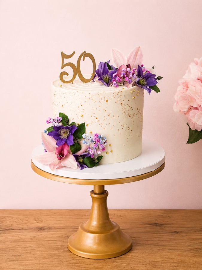 Tarta marfil con motas doradas y flores frescas moradas y rosas