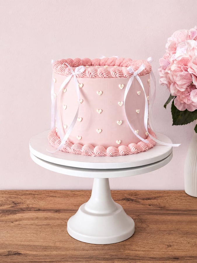 Tarta rosa con piping vintage, corazones en relieve y lazo de raso