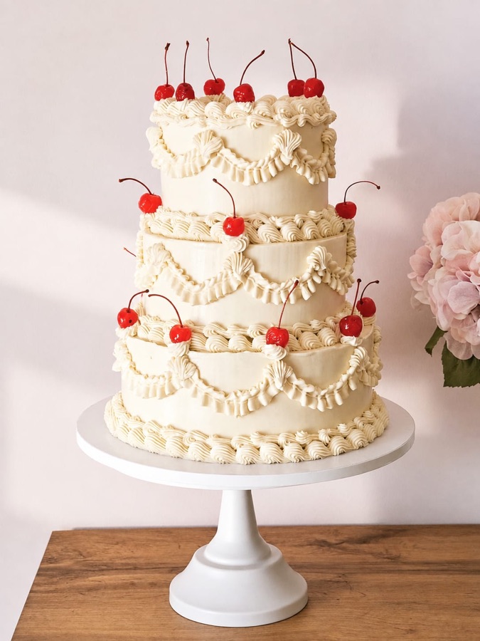 Tarta de tres pisos con piping vintage en marfil y cerezas rojas